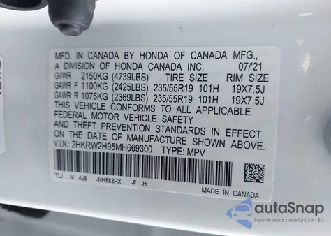 2021 Honda Cr-V Awd Touring from USA, damaged, VIN 2HKRW2H95MH669300